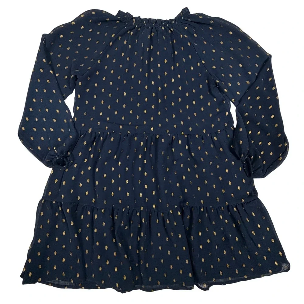 Blu Pepper Navy Blue Gold Metallic Foil Clip Dot Tiered Mini Dress Womens Medium